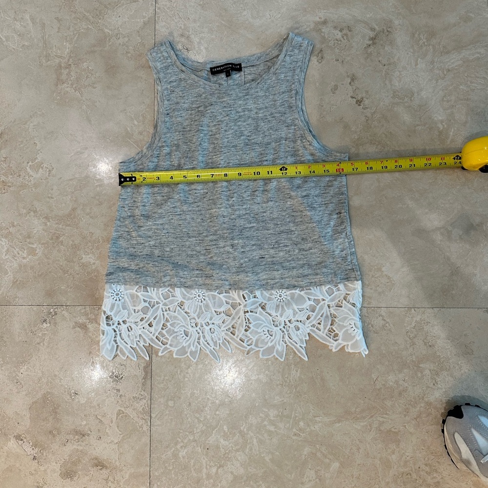 Generation Love gray linen tank white  lace trim, back tie up detail small - Picture 3 of 6